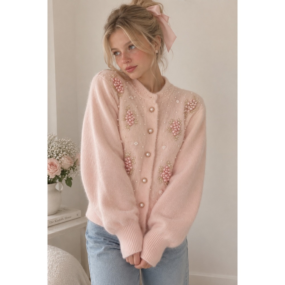 Vintage Coquette Womens Angora Blend Pink Cardigan Beaded Pearl Floral Sweater S